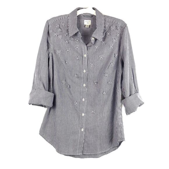 A New Day Blouse Blue White Stripe Top  Roll Up Sleeves Button Down Size Small - Picture 1 of 7
